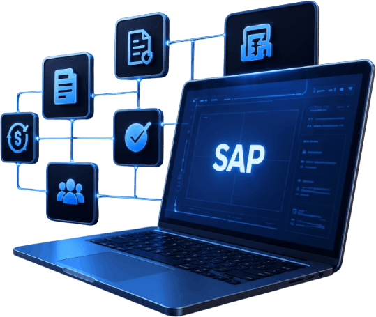 Notebook com o logo SAP e fluxo de ícones representando automação e integração